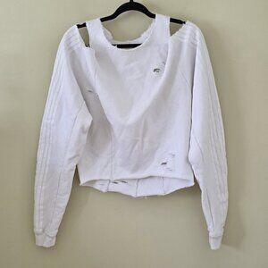 SMFK Cropped Trashed Top Womens US 2 Cream White LS Oversized Distressed Paint